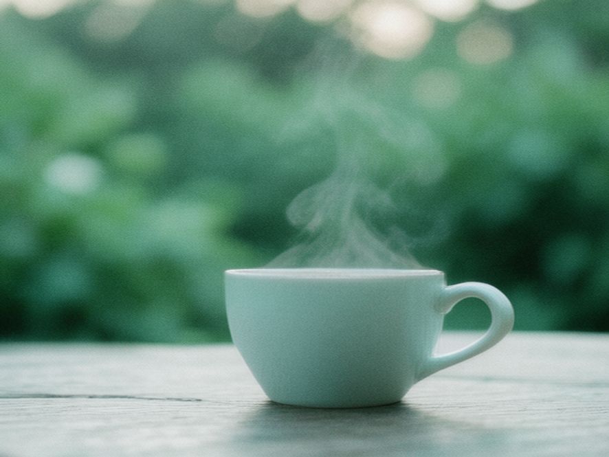 Warm cup of herbal tea on a wooden table with soft evening lighting